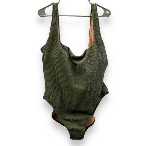 J. Crew One Piece Swimsuit Green Textured Square Neck Shelf Bra Sz 22 NEW - Picture 1 of 11